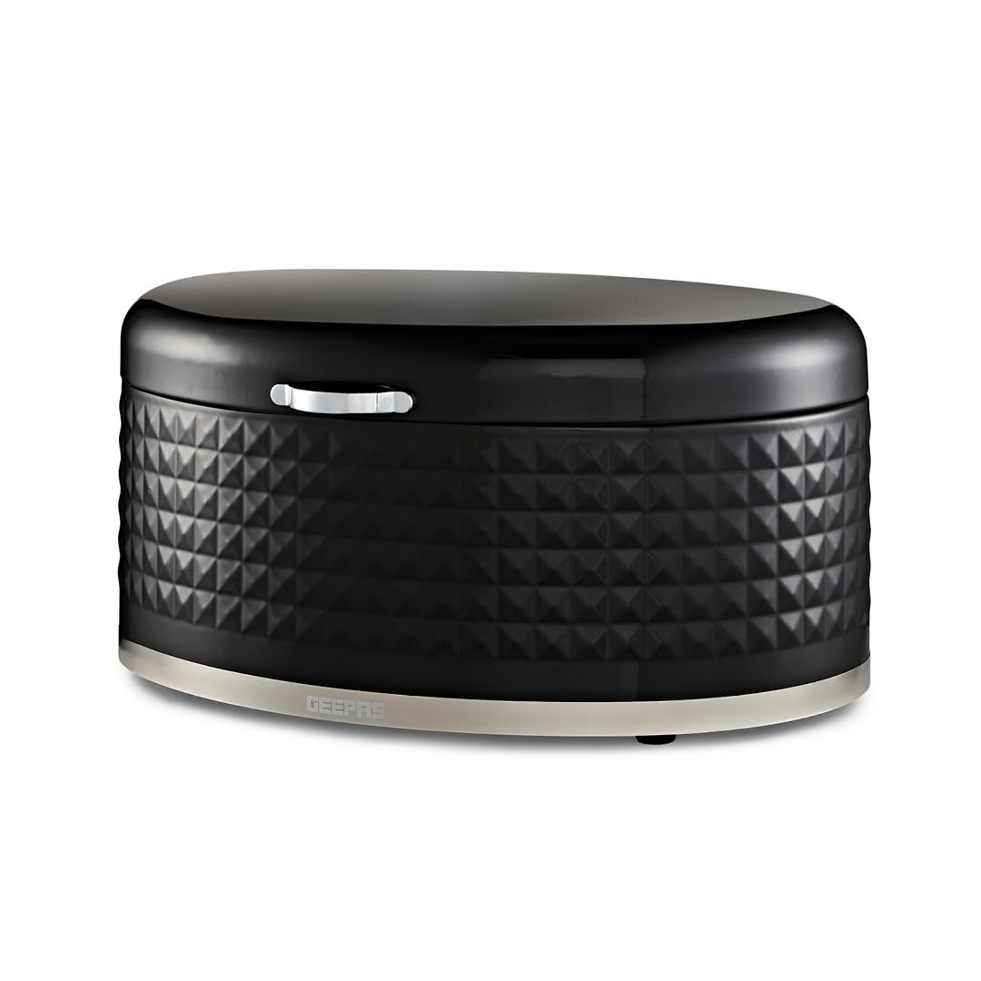 GEEPAS Argyle Bread Bin 9L | Carbon Steel Container with Flip-Open Lid & Easy-to-Lift Lid Handle | Easy Clean Design Preserves Loaves Fresh Longer | Shields from Dust Mites | Storage Box Black