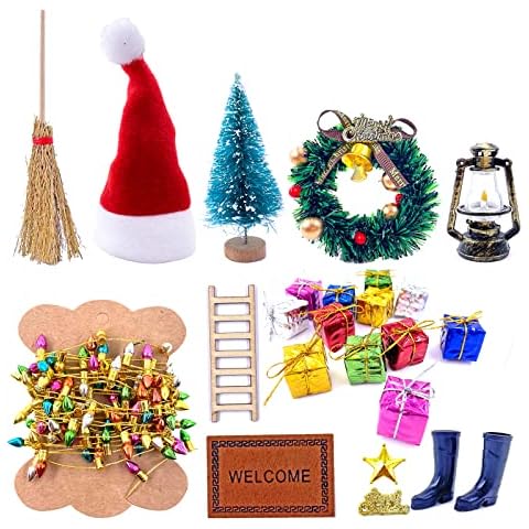 HKLMRO 22Pcs Doll House Christmas Decoration Fake Light String Hat Wreath Mini Tree Gift Boxes Dollhouse 1:12 Toyhouse Miniature Model Pretend DIY Fairy Figurines Garden Hanging Ornaments Party Cover