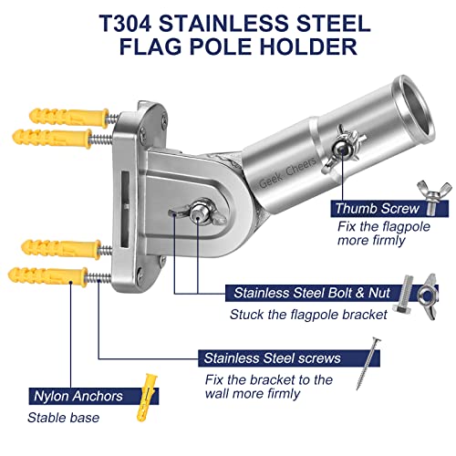 Geek Cheers Flag Pole Holder, Multi-Position Flagpole Bracket With Hardwares, T304 Stainless Steel Silver Flag Poles Mount - Sturdy And Rust Free, Adjustable Angle Mounting Bracket For 1" Flagpole #TOP4