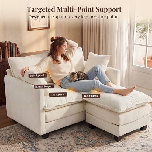 Image of Loveseat Sofa with Ottoman, Cloud 3-Layer Cushion & 27 inch Deep Seat Modern Small Couch with 2 Washable Pillows for Small Spaces, Bedroom, Apartment, Office, Living Room, in a Box, 50-Inch Beige