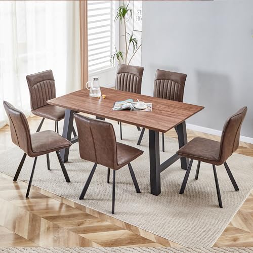 Ganooly 7 Piece Dining Table Set for 6 People 63 Inch Kitchen Table Set with 6 Chairs Farmhouse Rectangular Dining Room Table Set for Kitchen Dining Room Apartment， Rustic Brown