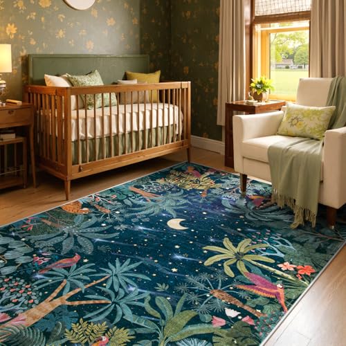 Lahome Midnight Jungle Green Rug, Washable Rugs 5x7 for Bedroom