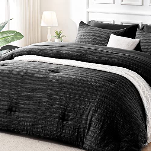 Newspin King Bed In A Bag - Black Waffle Bedding Comforter Set For All Seasons, 7 Pieces Down Alternative Comforter Set With Comforter, Pillowcases, Flat Sheet, Fitted Sheet, Pillow Shams #TOP20
