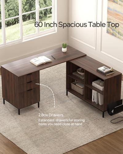 Image of EYYTHUNG L Executive Desk with Storage Cabinet, 60 inch Fluted Modern Flexible Home Office Desk, Large Wood Convertible Computer Standing Up Desk with File Drawer, Writing Desk, Brown