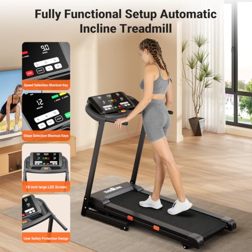 Image of THERUN Home Treadmill with Incline 15% Auto Adjust, 3.0 HP Treadmill with LED Strip, Heart Rate Monitoring Incline,16.5 inch Wider Running Belt