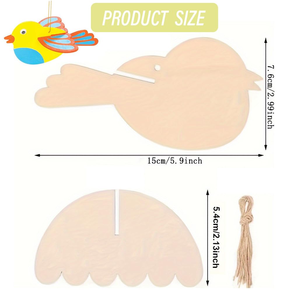 Vogel Bastelset 48 Set Kinder vögel Holz basteln Holzanhänger Bemalen Holzausschnitte Vögelchen Holzdeko holzscheiben für Fensterdekoration Wandanhänger deko Partydekoration Geschenkidee