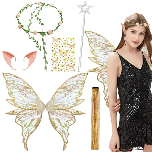 Fairy Wings 6 PCS Angel Costume Accessories Gold Butterfly Wings Adults Sparkling Sheer Wings with Flower Headband Angel Princess Fancy Dress Up Costumes for Halloween Party Cosplay (Gold)