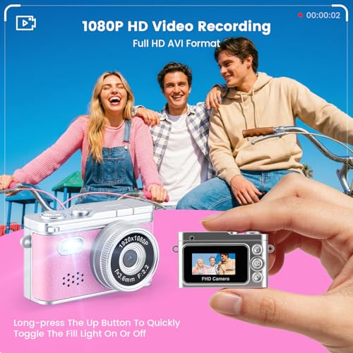 Mini Keychain Camera, 1080P Y2k Retro Camcorder with 0.96" Screen, Teens Portable Video Recorder for Vlog&Party&Gifts, Small Vintage Pocket Keychain Digital Camera with Flash, 32G SD Card, Type-C,Pink — view 4