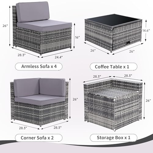 Image of KROFEM 8 Piece Patio Furniture Set, Outdoor Modular Conversation Set | UV Treated Wickers, Machine Washable Cushions, Seats 6, 2 Hidden Storage Compartments, Rustproof Frame, Waterproof, Grey