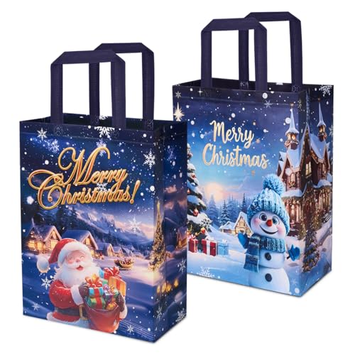 Sacos de presente de Natal grandes, 2 unidades, reutilizáveis, de tecido não tecido, com estampado de boneco de neve e Pai Natal para embrulhar presentes