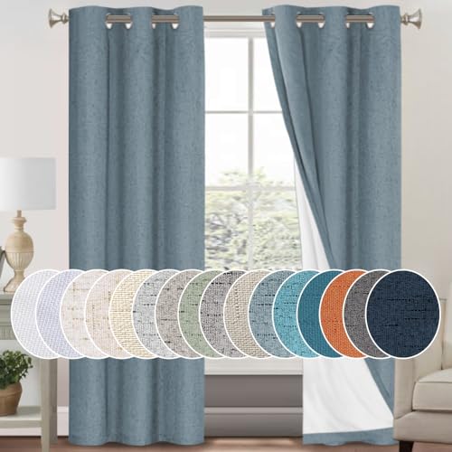 Image of PrinceDeco 100% Blackout Linen Textured Curtains for Bedroom Linen Blackout Curtains 84 Inches Length 2 Panels Set Noice Reducing Soundproof Window Treatment Drapes with White Liner,Stone Blue