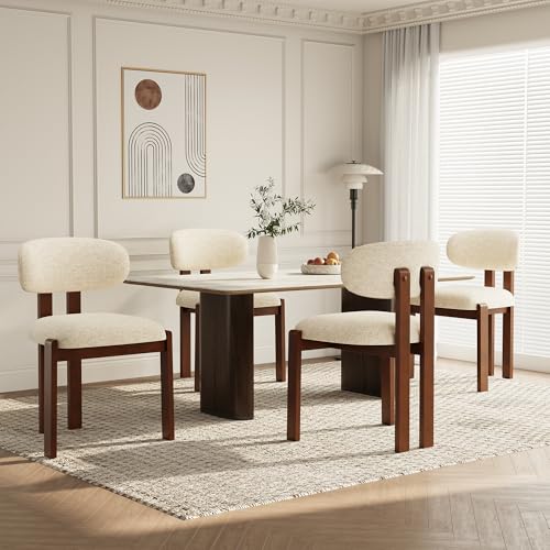 Dining Chairs Set of 4 Upholstered Chenille Dining Room Chairs with Brown Solid Rubber Wood Frame Soft Cushioned Seat Kitchen Chairs Modern Nordic Accent Chairs for Dining Room Kitchen Beige