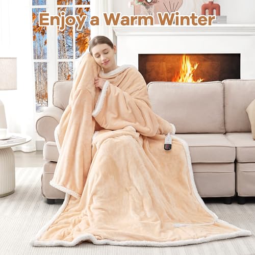 Wearable Electric Blanket with Foot Pocket and Sleeves, Heating Throw Blanket, 6 Heating Levels & Auto Shut Off, Machine Washable (Long, Beige)