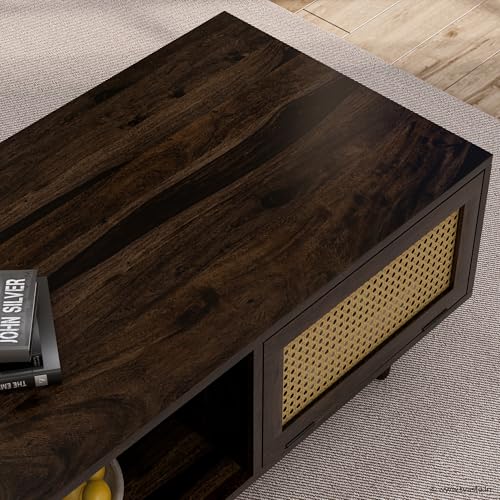 Image of Bhawo Solid Sheesham Wood Coffee Table & Center Table for Living Room with Rattan Cane Lift-Down Shutter & Open Shelf, Solid Wooden Teapoy for Sofa with Storage (Walnut Finish)