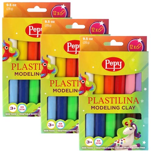Image of Pepy Plastilina Reusable and Non-Drying Modeling Clay; Set of 36; 3 Each of 12 Colors, 0.8 Ounces Each, Perfect for Arts and Crafts Projects