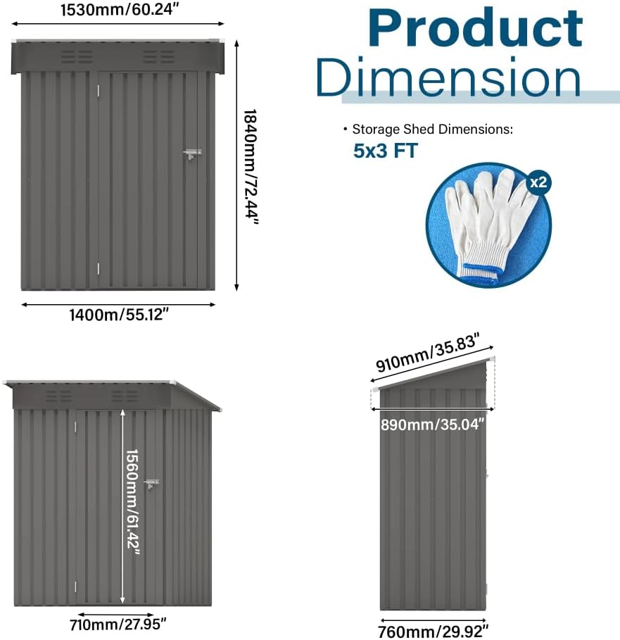 Durable Metal Outdoor Storage Shed with Pitched Roof and Lockable Door for Garden, Backyard, Patio, Tools, Bikes and Household Items (5x3FT+Pitched roof+Gray)