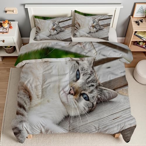 Housse de couette 240x260 chat avec 2 taies d'oreiller en microfibre douce