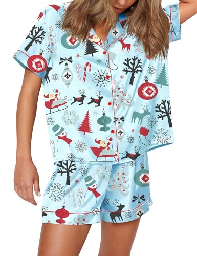 Image of SHESHOW Satin Pajamas for Women Set Preppy Animals Pjs Short Sleeve Shorts 2 Piece Loungewear Sets XS-XXL