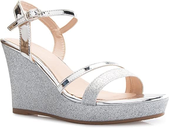 Forever FQ22 Women's Glitter Strappy Wrapped Wedge Heel Platform Sandals, Silver-1, Size 64
