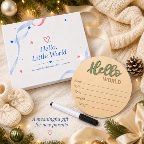 Image of Hello World Baby Announcement Sign Newborn Welcome Plaque Box Set