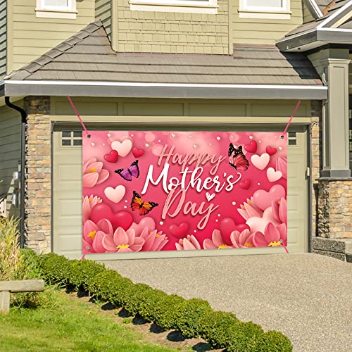 Image of Large Happy Mother's Day Banner Decorations Mothers Day Flag Outdoor 71x44 Inch,Mom Gifts for Indoor Home House Decor Party Supplies,Yard Sign Background for Photography, Red Pink Heart Flowers