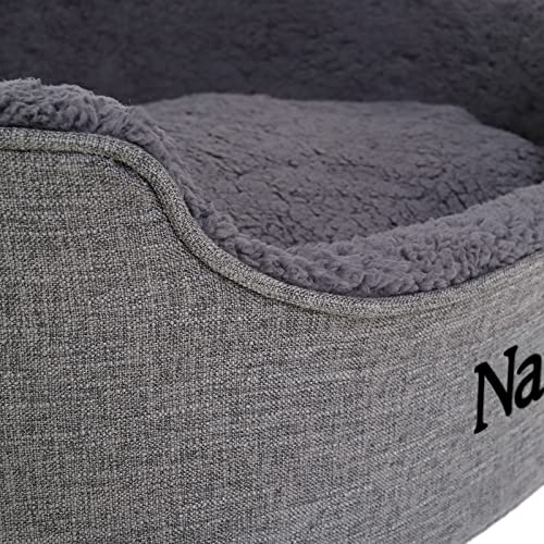 lionto Hundebett mit Wendekissen und waschbarem Bezug, formstabiles Hundekörbchen mit Anti-Rutsch-Noppen, 73x60 cm, kuscheliges Heimtierbett für Hunde und Katzen mit Plüsch, grau (Namensaufdruck)