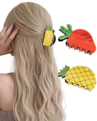 HAIMEIKANG 2PCS Fruit Hair Claw Clips - Fun Hair Clip Non-Slip Medium Cute Claw Clips for Women Girls(Pineapple + Carrot)