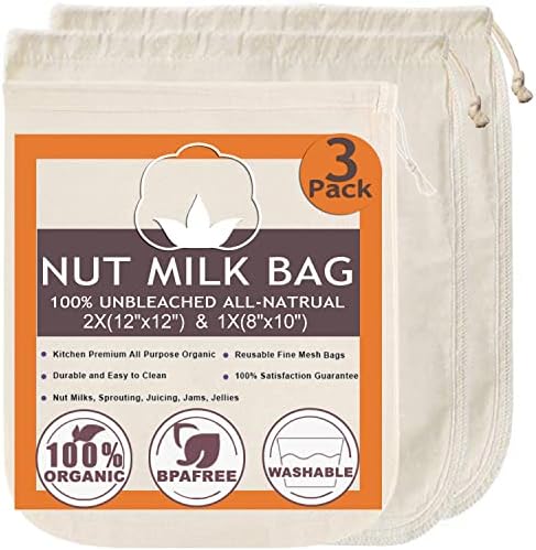 Nut Milk Bag Cloth Strainer for Food, 3 Pack 12" (2 of 12"X12" + 1 of 10") Organic Reusable Kitchen Premium Fine Mesh Cheesecloth, Sprouting, Juicing