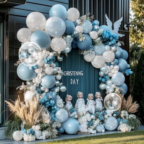 Image of Dusty Blue and White Balloons Garland Double Stuffed Pearl Light Blue Bobo Balloon Arch Kit for Birthday Baby Shower Wedding Bridal Cinderella Frozen Winter Party Decorations