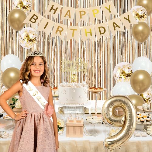 Image of Trgowaul 9th Birthday Decorations for Girls, Banner, Sash and Crown, Cake Topper, 9 Number Balloon, Fringe Curtains, Champagne Gold 9th Birthday Party Supplies
