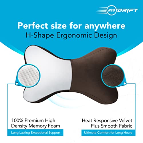 Image of Neodrift 'NeckBone' - Neck Rest Cushion Orthopedic Velvet Memory Foam Pillow for Neck, Head, Shoulder Support - Pain Relief for Car, Set of 2 (Colour-Coffee)