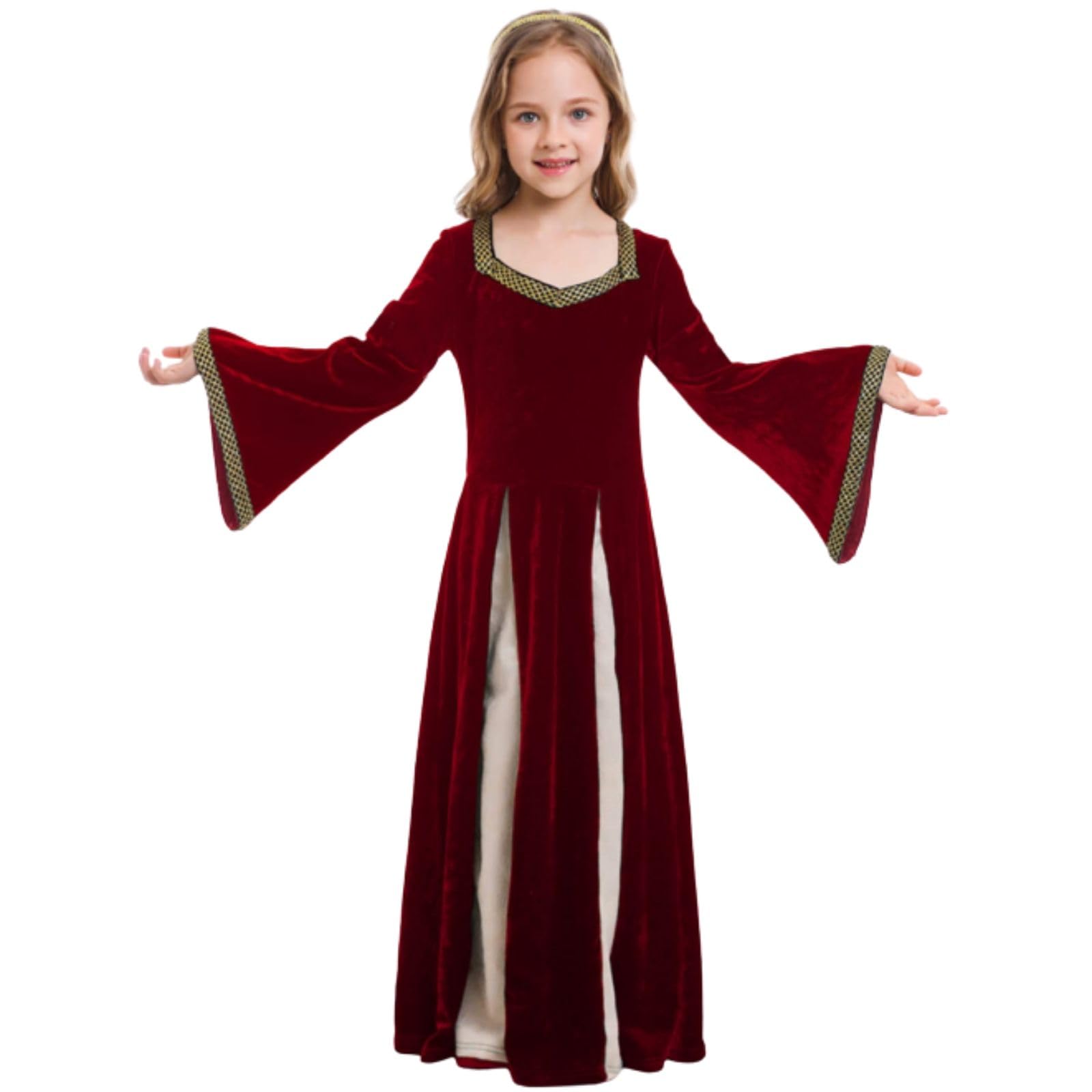 HAPNBCELE Medieval Dress for Girls, Vintage Royal Princess Costume Renaissance Fair World Book Day Halloween Birthday Party (Red, S)