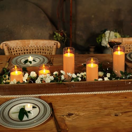 Image of Homemory Amber Flickering Flameless Candles, Battery Operated Acrylic LED Pillar Candles with Remote Control and Timer, Fall Candles, Set of 5