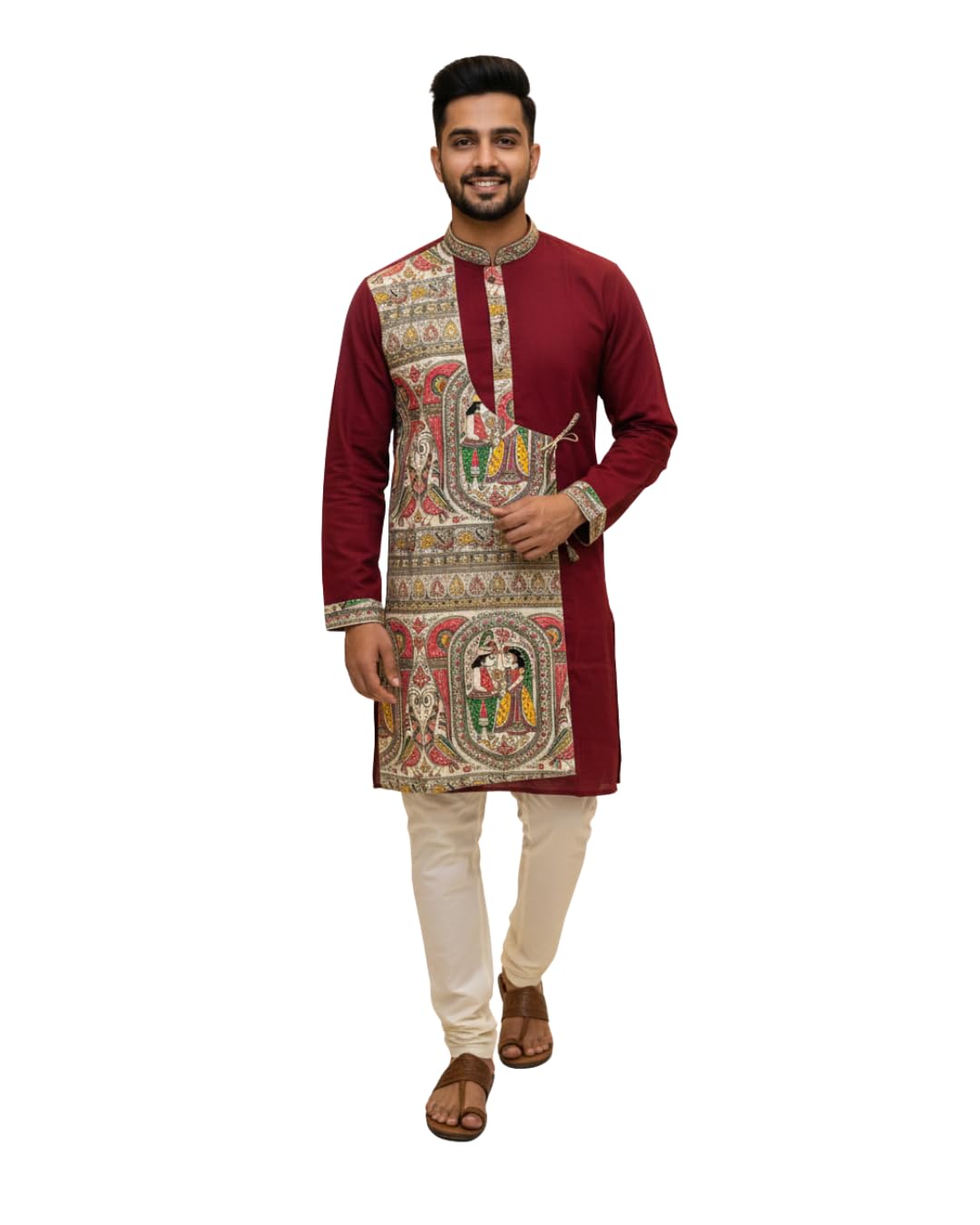 Gaurik Dresses Men's Traditional Kurta withl Madhubani Art Panel, Long Sleeve, Festive Ethnic Wear-picture-20