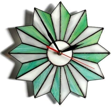 Beach Themed Handcrafted Starburst Wall Clock Teal White in two sizes 10/14 Inch for Living Room Silent Battery Operated, Unique Handmade Coastal Vibe Stained Glass Art Decor for Home or Office