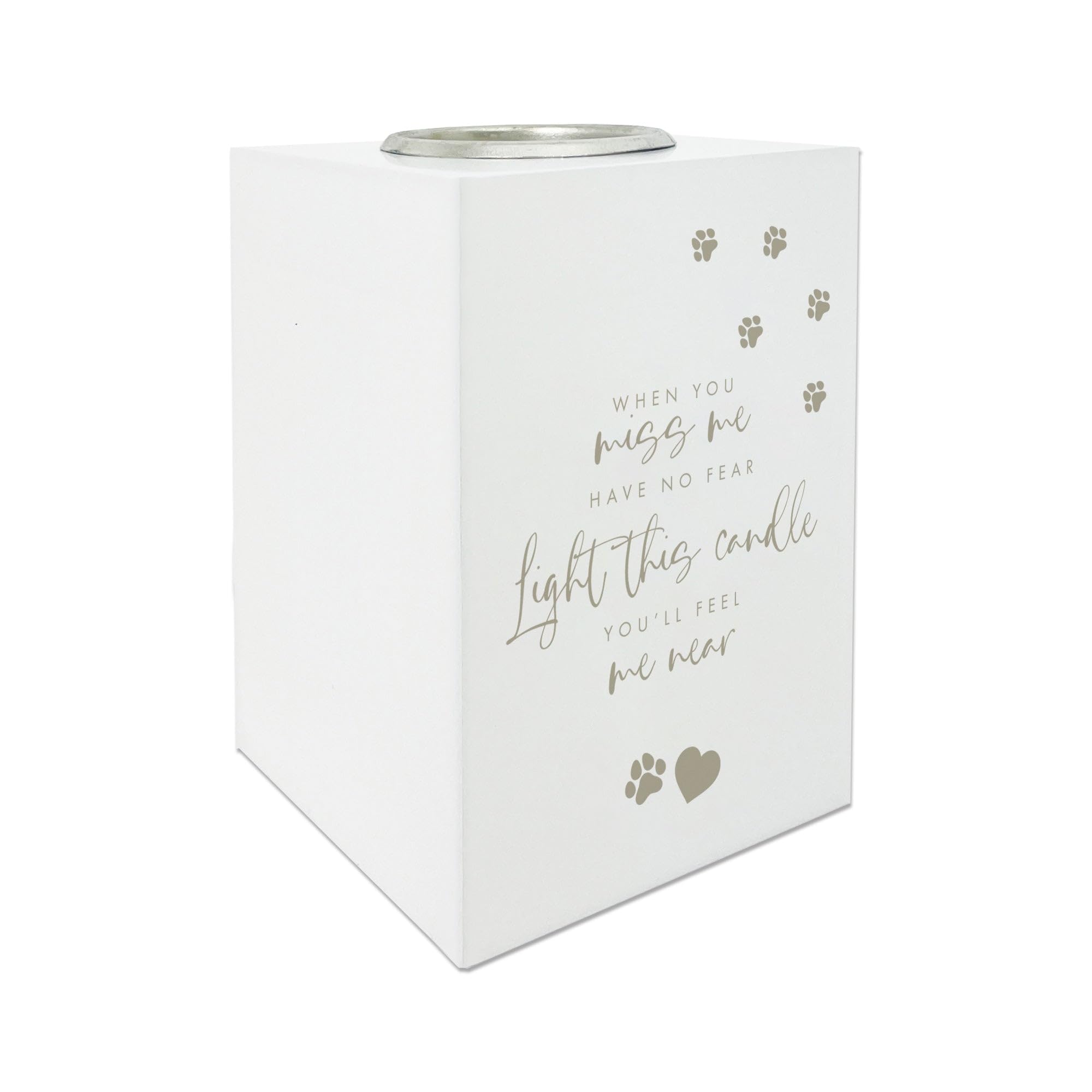 Portacandele commemorativo per animali domestici, in legno bianco, con impronte di zampe, design a cuore e dedica, regalo di simpatia per la perdita di animali domestici, 10 x 7 x 7 cm
