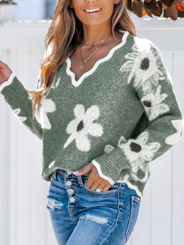 Image of CUPSHE Sweaters for Women Long Sleeve Pullover Knit Tops | Floral Scalloped V Neck Pullover Sweaters, Soft and Cozy Fabrics, Relaxed Fit, Fall Clothes, Winter Clothing, Cute Fashion