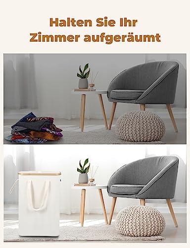 Yamagahome Wąski kosz na pranie z pokrywką, 52 l, z workiem na pranie, składany kosz na pranie z bambusa z uchwytem do noszenia, do apartamentu, mieszkania i przyczepy kempingowej, beżowy