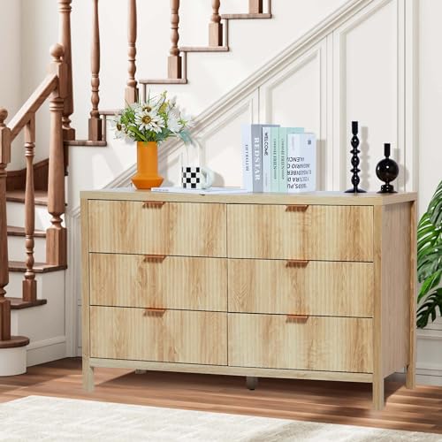 XUZENEST Fluted 6 Drawer Double Dresser for Bedroom, 47" Wide Modern Closet Dressers Chest of Drawers, Wood Storage Dresser Organizer for Nursery Bedroom Living Room Hallway Closet,Natural - Image 8