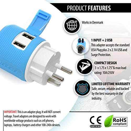 Denmark Travel Plug Adapter By Orei With Dual Usb - Usa Input + Surge Protection - Type K (U2U-20), Will Work With Cell Phones, Camera, Laptop, Tablets, Ipad, Iphone And More #TOP4