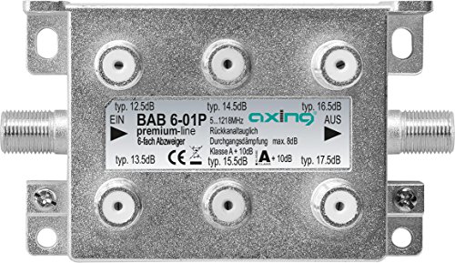 Axing BAB 6-01P 6-Way Cable Splitter CATV Multimedia DVB-T2 Class A+ 10 dB 5-1218 MHz Metal