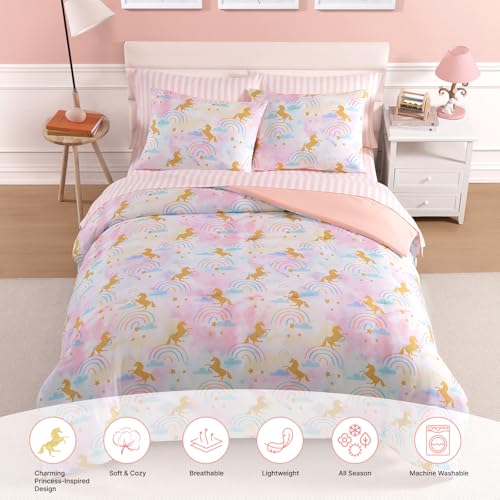 Twin Comforter Set with Sheets for Girls-5 Pieces Twin Bedding Sets with Pink Comforter, Sheets, Pillowcase & Sham for Kids (Gold Unicorn, 66" X 86")