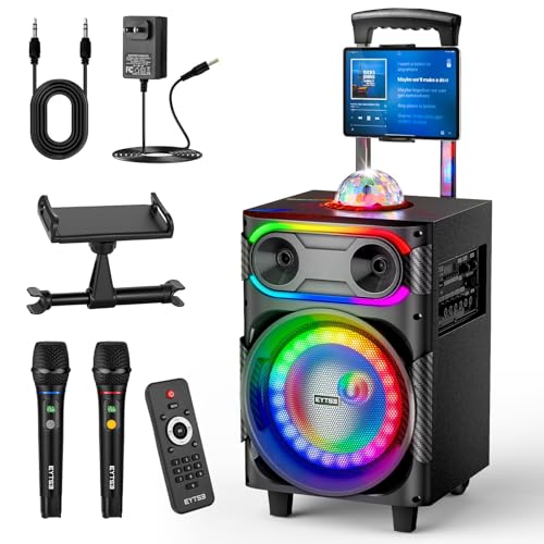 EYTSE Karaoke Machine for Adults with 2 Wireless Microphones BT PA System with Disco Ball LED Lights Rolling Wheels Tablet Holder Remote Control Support TWS/USB/AUX/TF/REC/FM for Home Parties