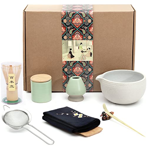 Artcome Japanese Matcha Tea Set, Bowl with Pouring Spout, Whisk, Tea Scoop, Ceramic Whisk Holder, Matcha Powder Caddy, Handmade Matcha Ceremony Kit For Japanese Tea Ceremony (9Pcs) by Artcome - Used condition - US$18.99