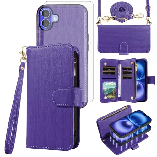 Coque portefeuille pour iPhone 16 amovible avec bandoulière et verre
