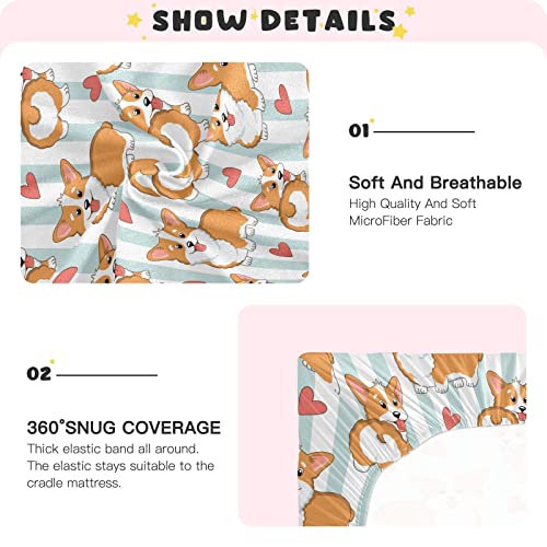 Image of Fitted Crib Sheets Puppy Corgi Dogs Stripes Stretchy Portable Playard Sheets for Baby Toddler, Breathable Soft Mini Crib Mattress 39 x 27 in for Boys and Girls