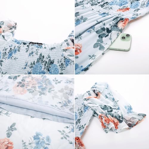 Image of Scarlet Darkness Floral Dress for Women Summer Puff Sleeve Square Neck A Line Flowy Wedding Guest Tea Party Dresses