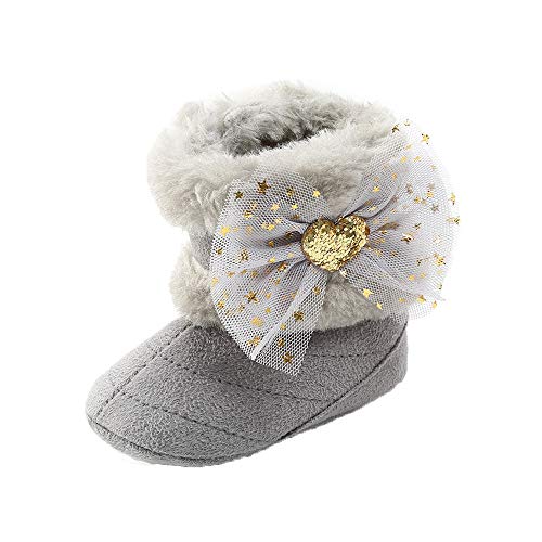 Baby Girls Cozy Plush Bowknot Booties Premium Snow Boots Infant Toddler Prewalker Winter Warm Crib Shoes, Gray 12-18 Months