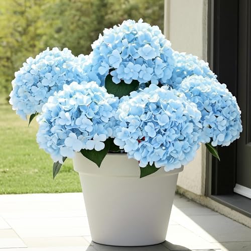 Auihiay 6 Bundles Hydrangea Artificial Flowers for Outdoors and Indoor Bulk 30 Heads UV Resistant Faux Hydrangea Flowers for Garden Porch Yard Window Box & Outdoor Wedding Decoration (Blue)