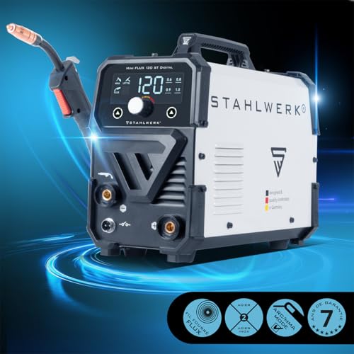 STAHLWERK Poste à souder Mini FLUX 120 ST Digital – Kit complet – Soudage au fil fourré (FLUX) sans gaz jusqu'à 120 A, dévidage synergique, éclairage LED, fonction Lift-TIG & MMA (ARC) – vue 3